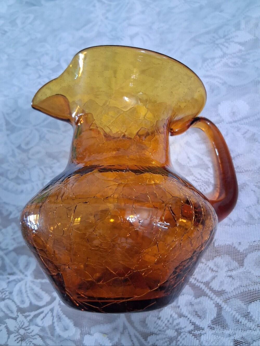Vintage Mid-Century Amber Art Glass Pitcher Crackle Finish Medium Size MCM - Picture 5 of 16